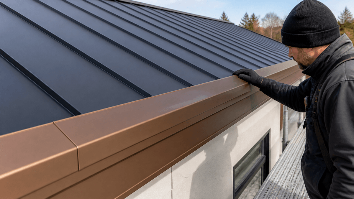Standing seam roof rake trim checked at the roof edge