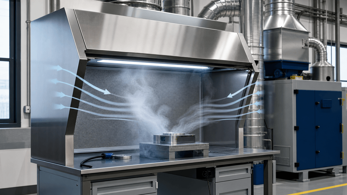 industrial fume hood capturing contaminants at a workstation opening
