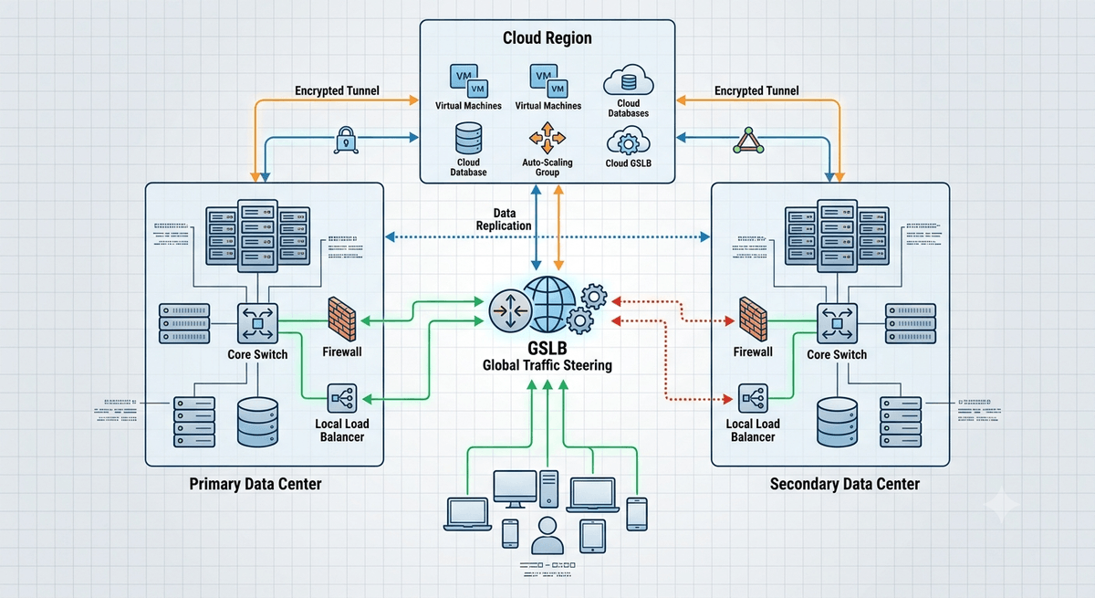 Network failover architecture across primary and secondary sites