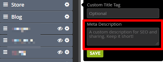Strikingly SEO field for adding a meta description to a website page