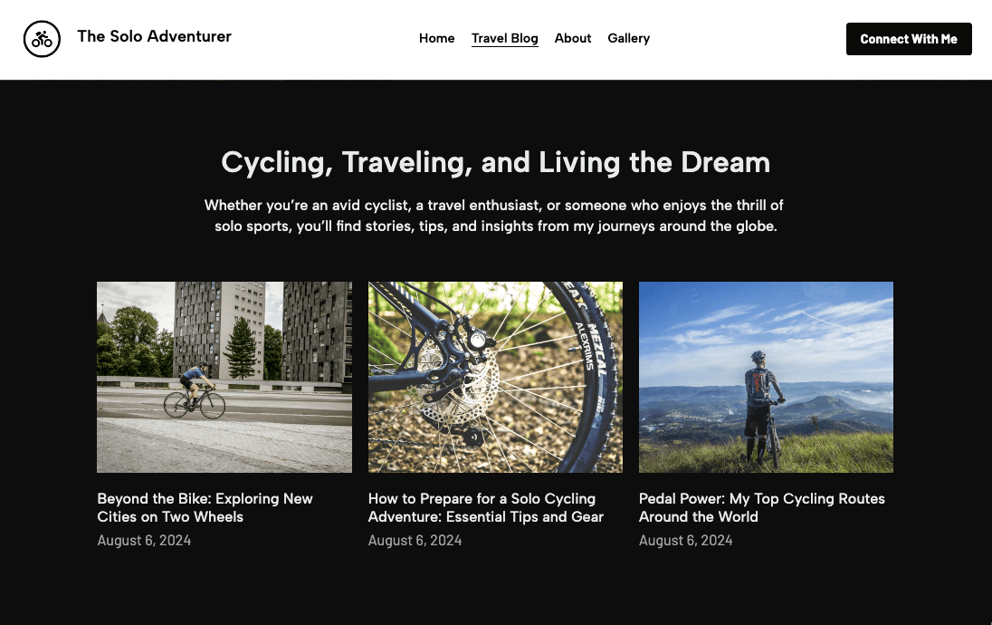 Solo Adventurer blog template grouping several focused articles for easy exploration