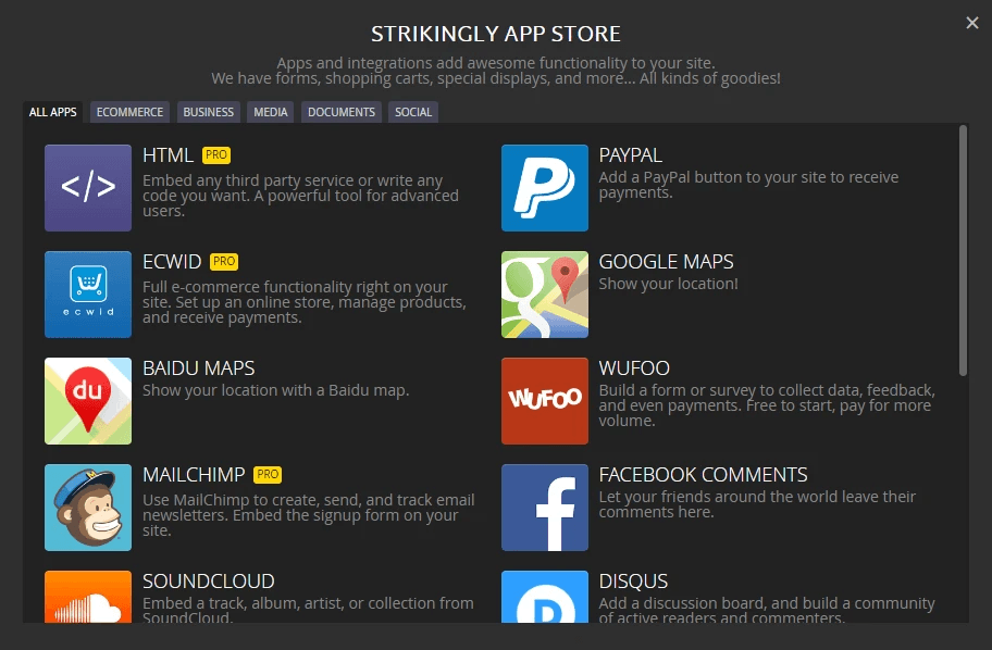 Strikingly App Store showing HTML and third-party integrations for a script audit