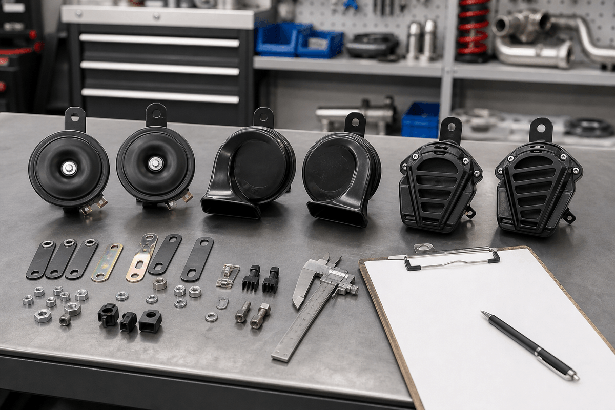 12V car horn selection with disc snail and multi-fit adapter examples