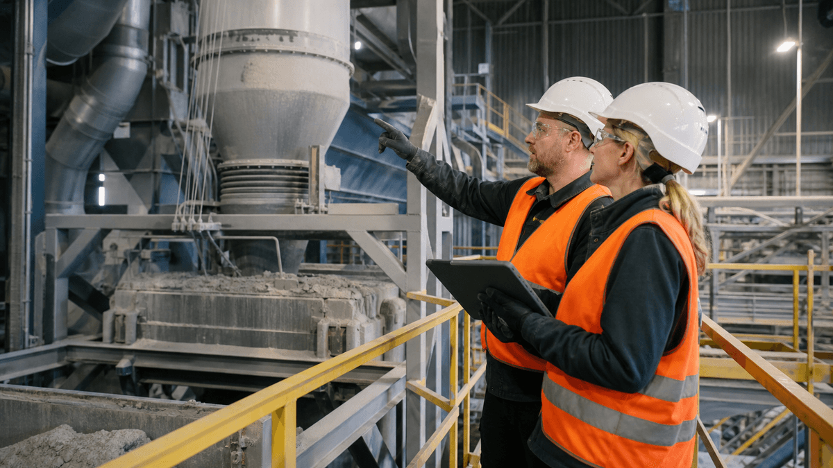 Industrial team inspecting dust accumulation and collection points in a plant