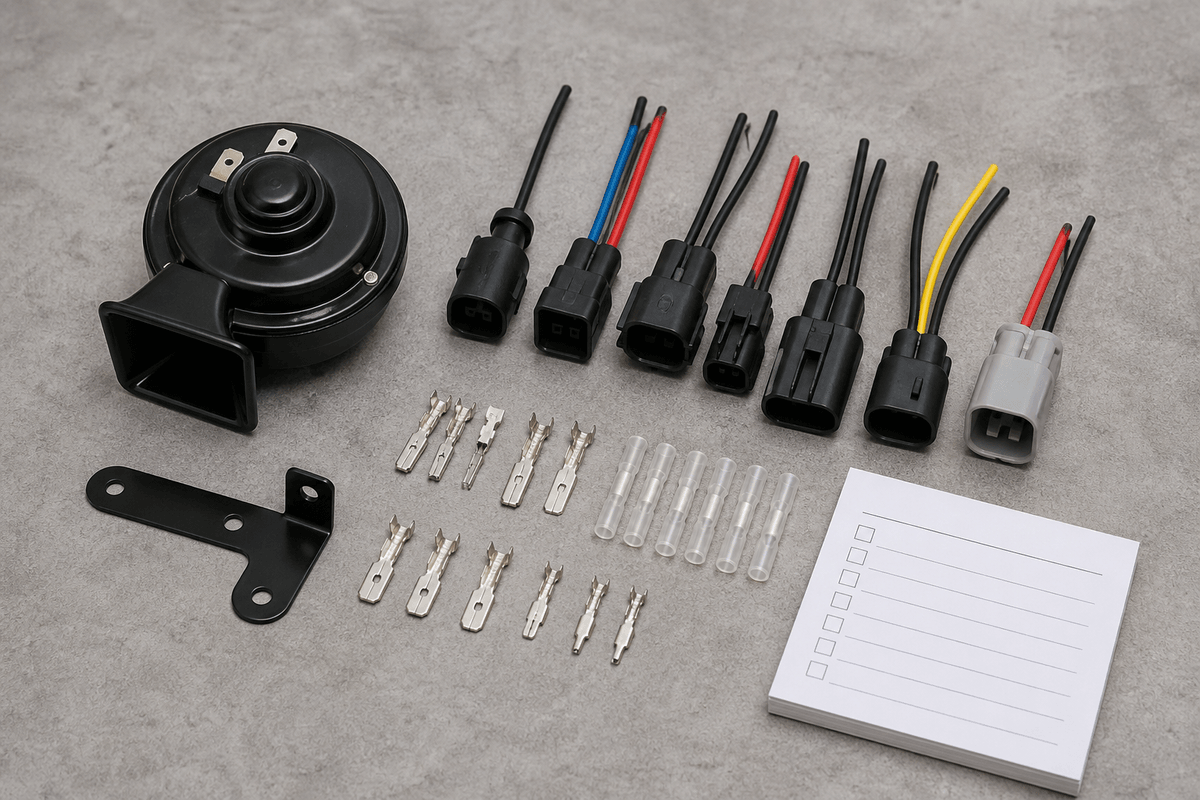 Plug and play car horn adapter set with compact 12V horn