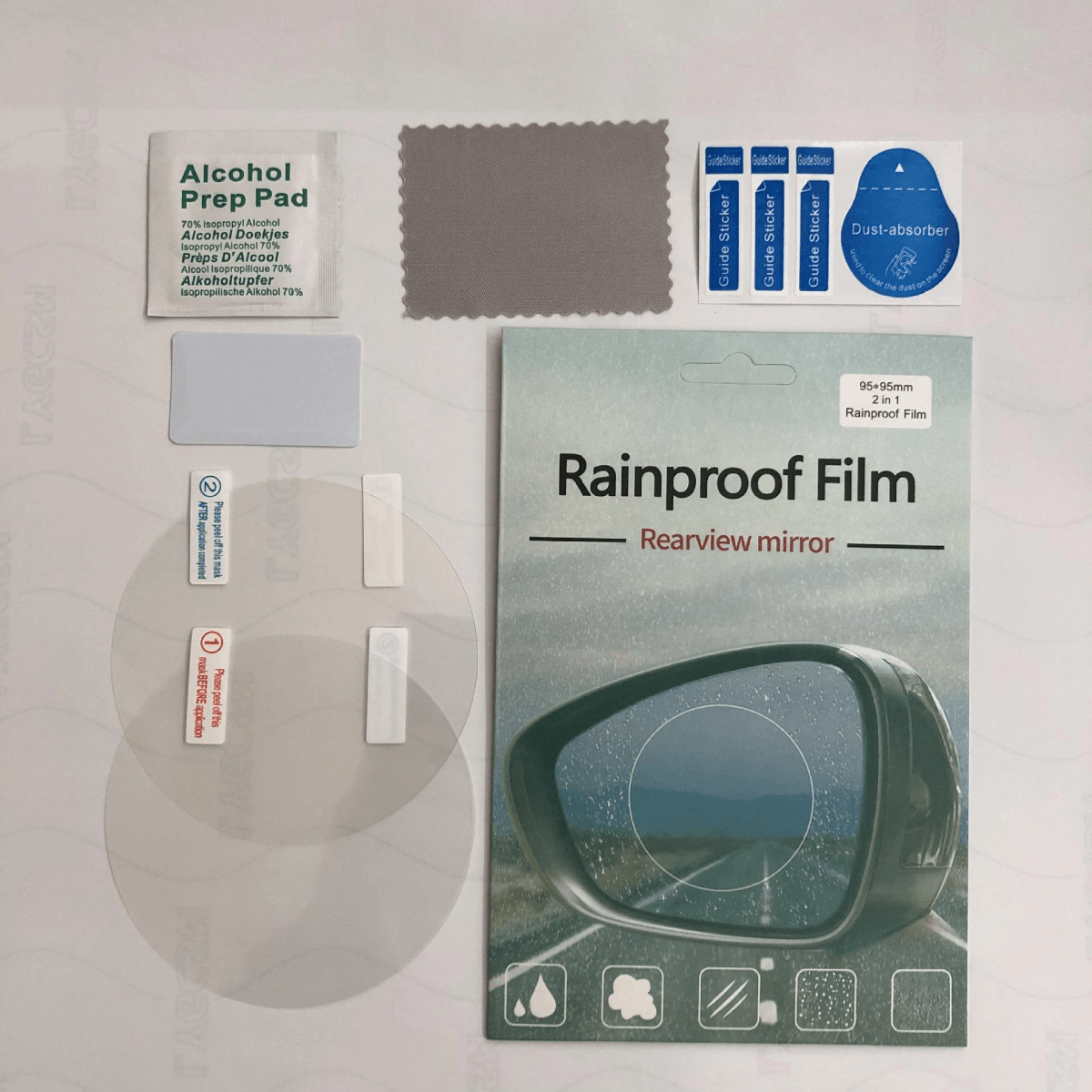 Mirror rainproof film cleaning kit and installation sheet