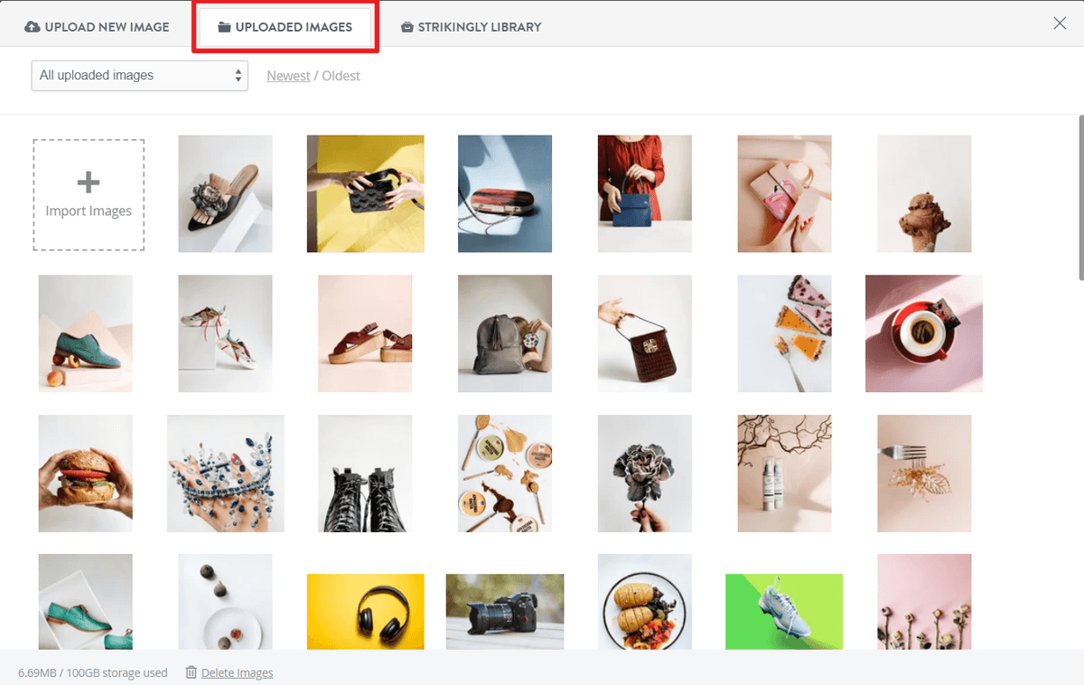 Strikingly uploaded images library displaying reusable website assets