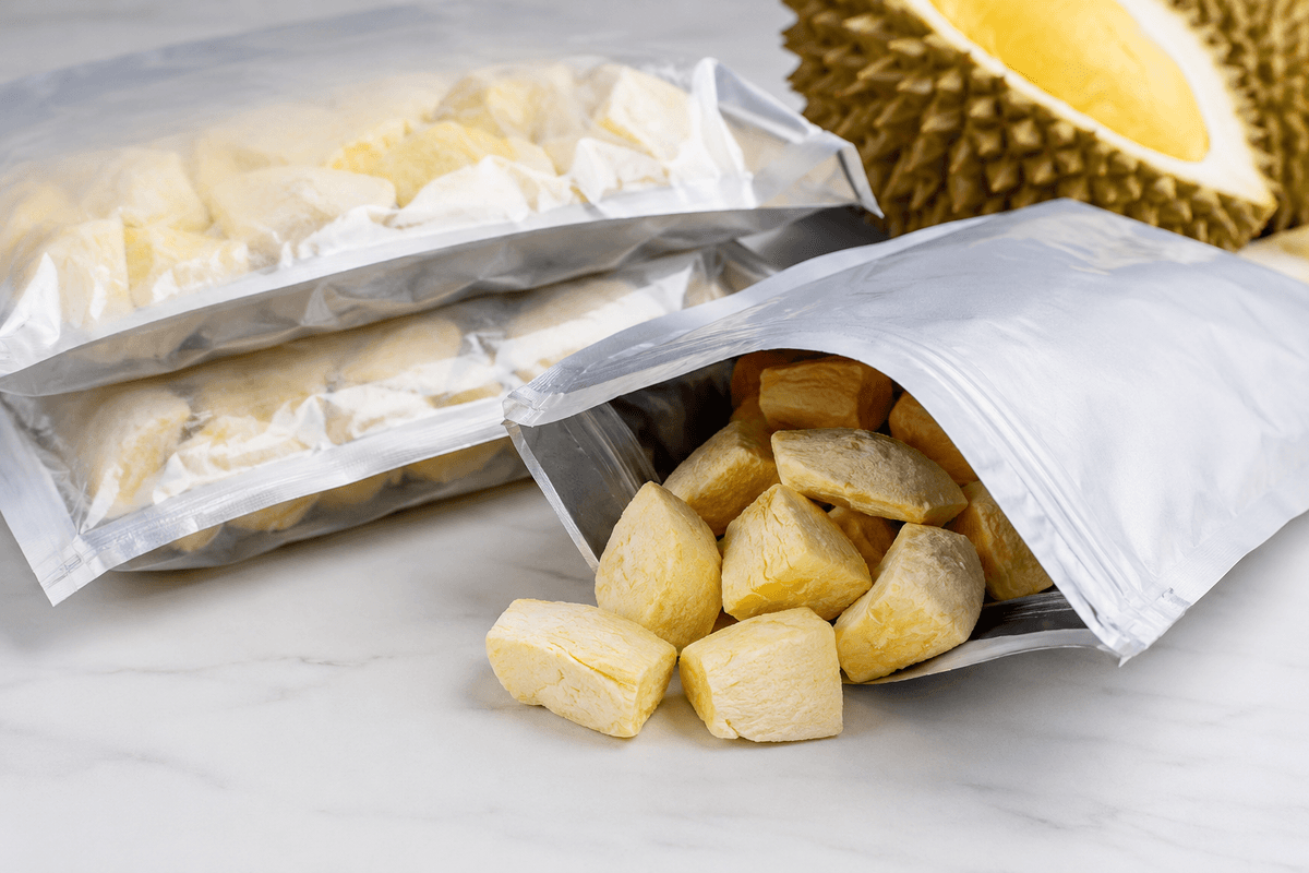 Freeze-dried durian pieces in premium snack packaging