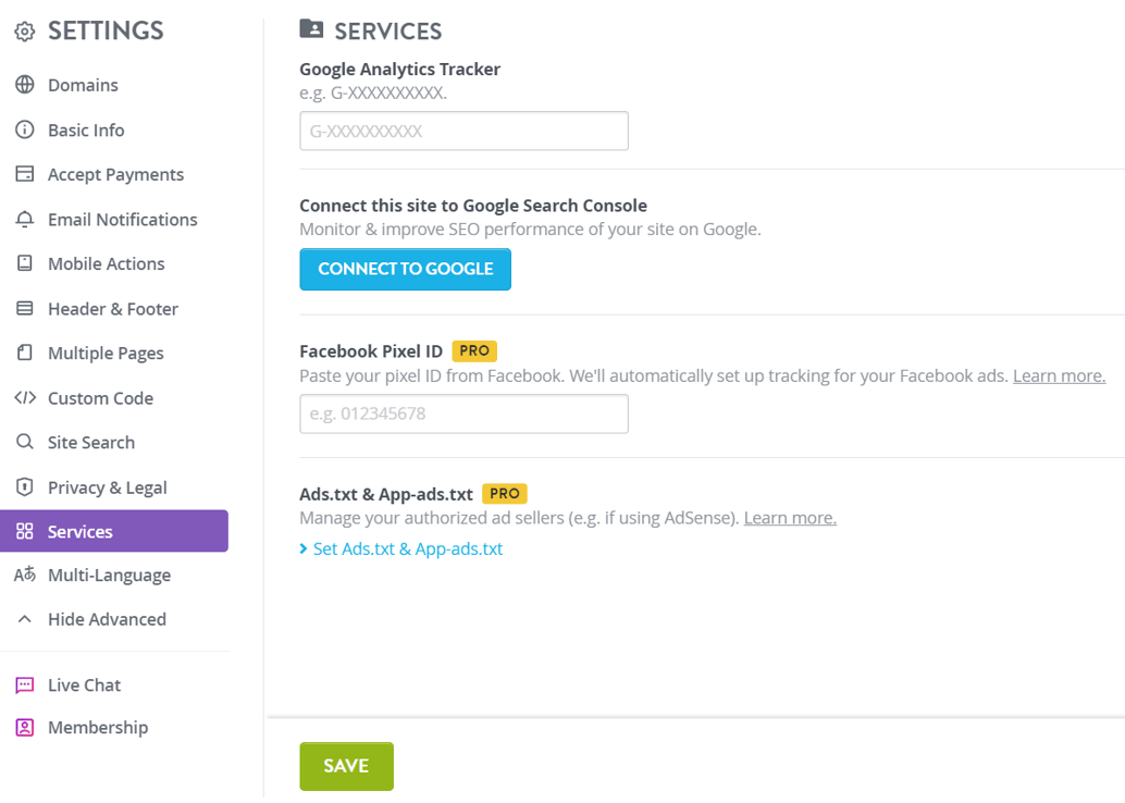 Strikingly settings area used to connect a website with Google Search Console