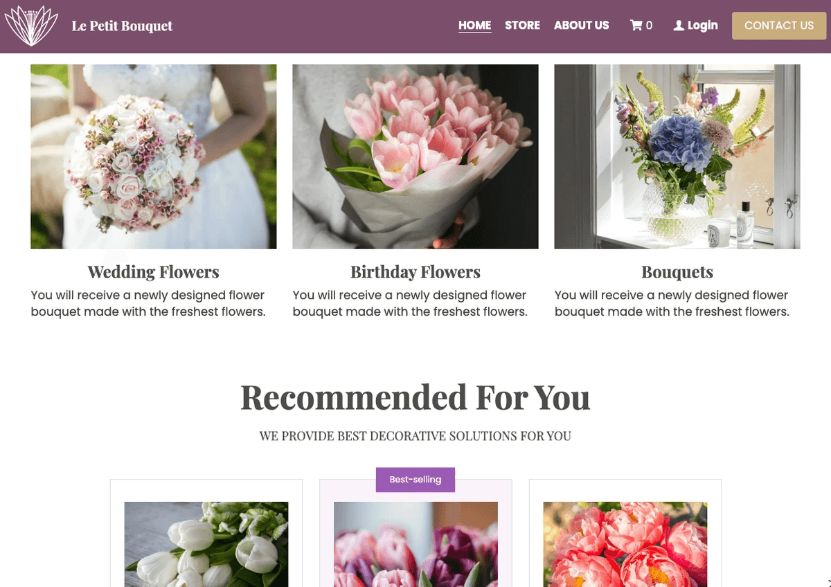 Le Petit Bouquet template grouping products into clearly named topical categories