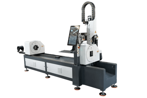 High-tech laser machine to cut metal tube in modern manufacturing environment.