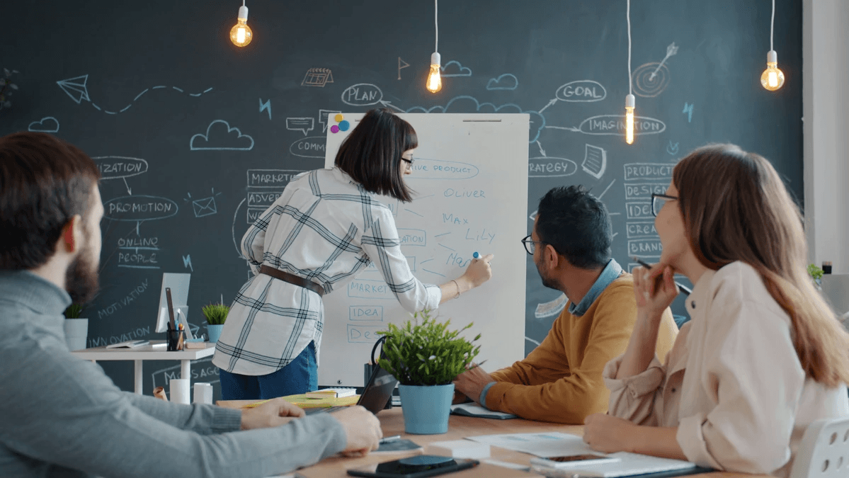 Business team organizing content ideas on a whiteboard