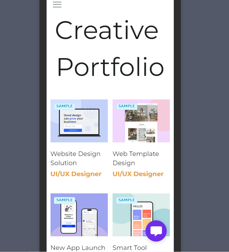 Strikingly mobile editor preview showing a portfolio page in a narrow phone layout