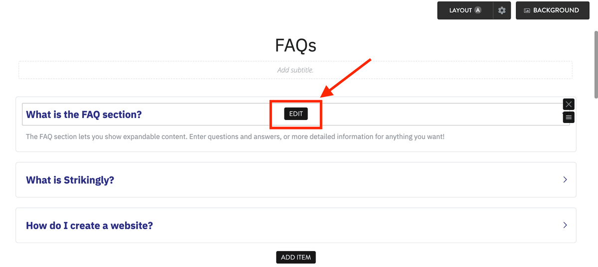 Strikingly Accordion FAQ editor with an expanded answer and add-item control