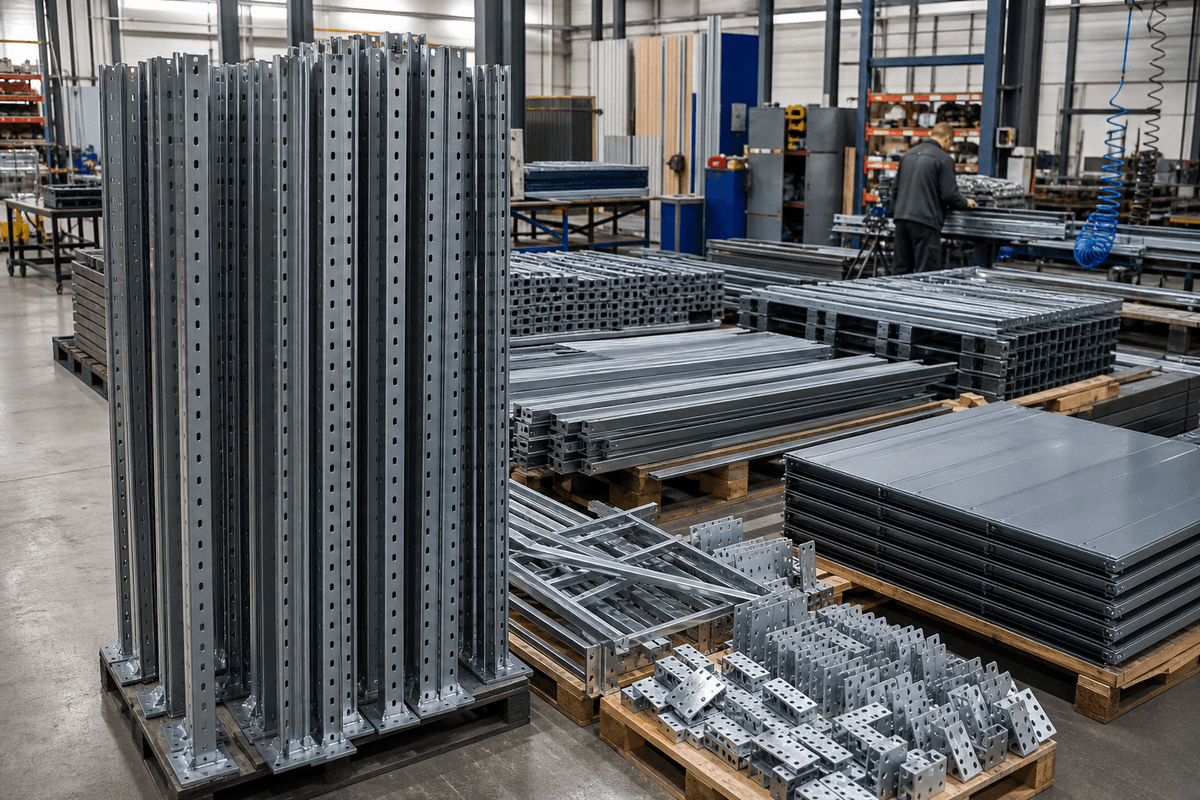 Shelving rack components sorted by batch before assembly and packing