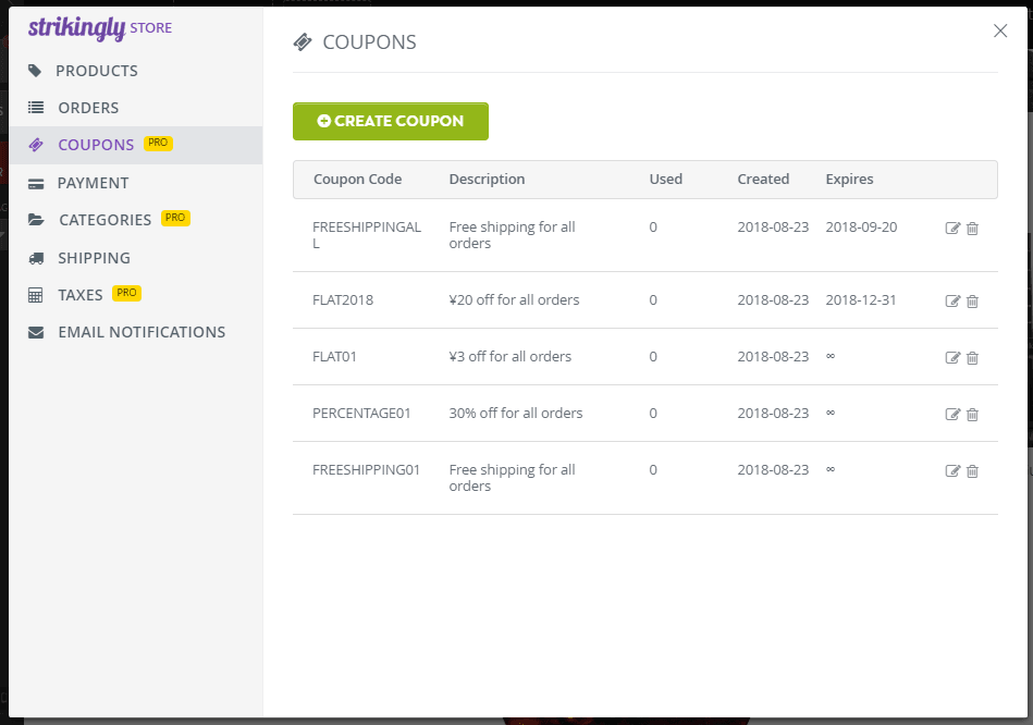 Strikingly coupon dashboard for reviewing active and expired store promotions