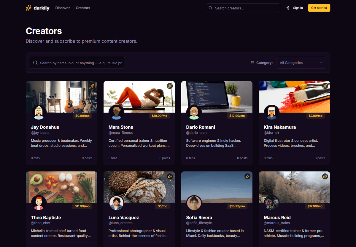 Searchable creator directory with category controls and profile cards across several interests.