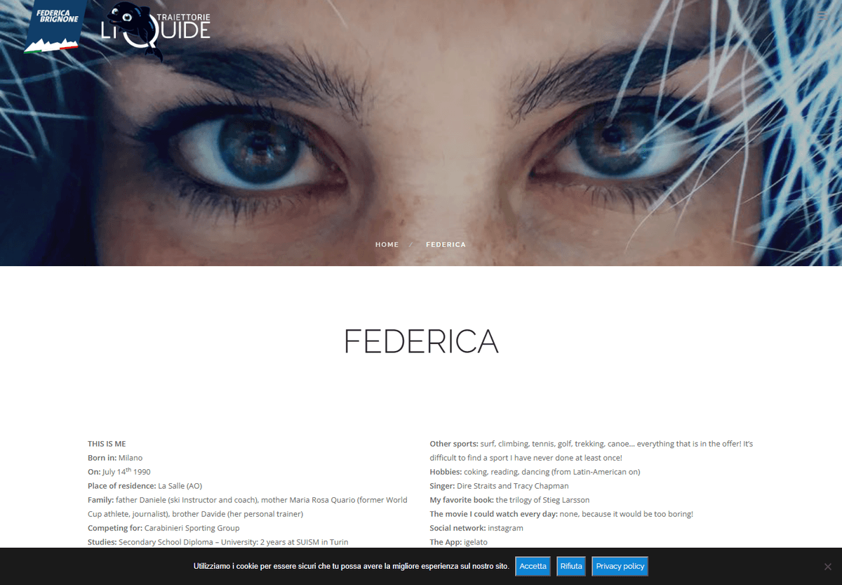 Federica Brignone biography page with a close-up portrait and two columns of personal and sporting details.