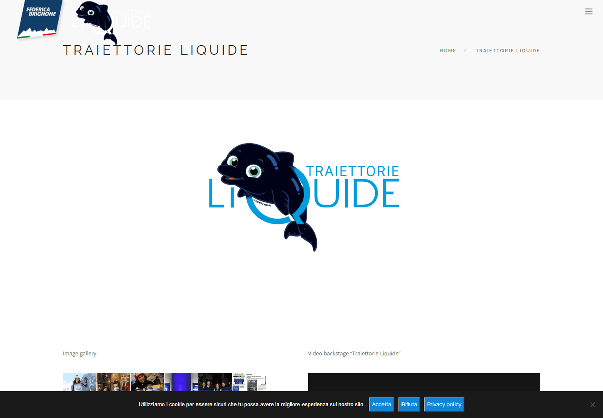 Traiettorie Liquide project page with its illustrated water-animal logo, gallery thumbnails, and backstage video area.
