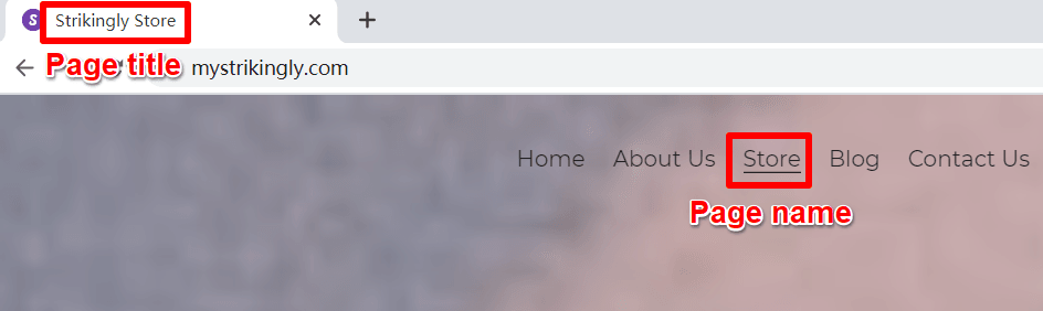 Strikingly example showing the difference between a browser page title and a navigation page name