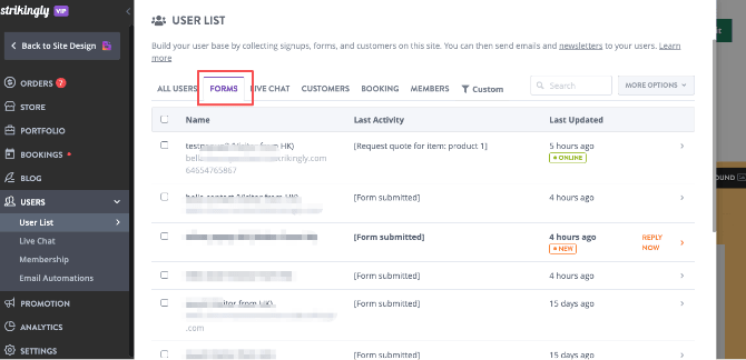 Strikingly form responses list preserving visitor context after submission