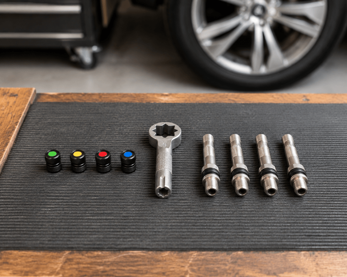 Tire pressure monitor valve caps and anti-theft wrench laid out before installation