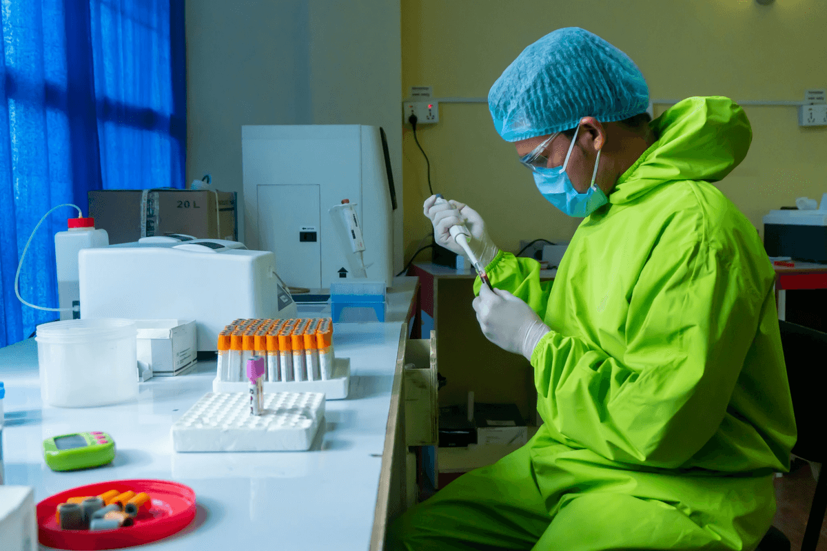 Chemical Testing Analysis laboratory scene showing precise testing procedures.