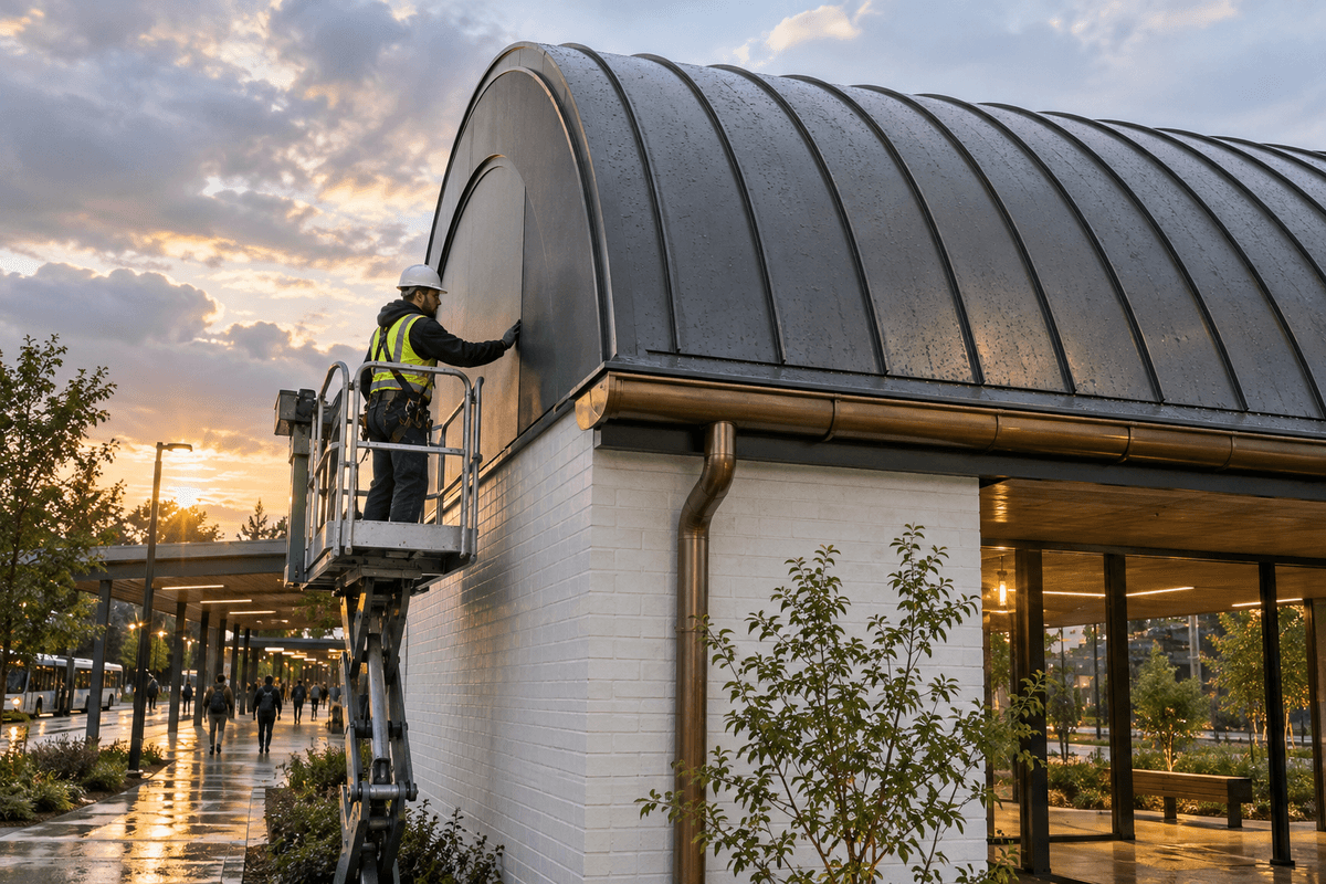 Curved metal facade meets a straight entrance frame