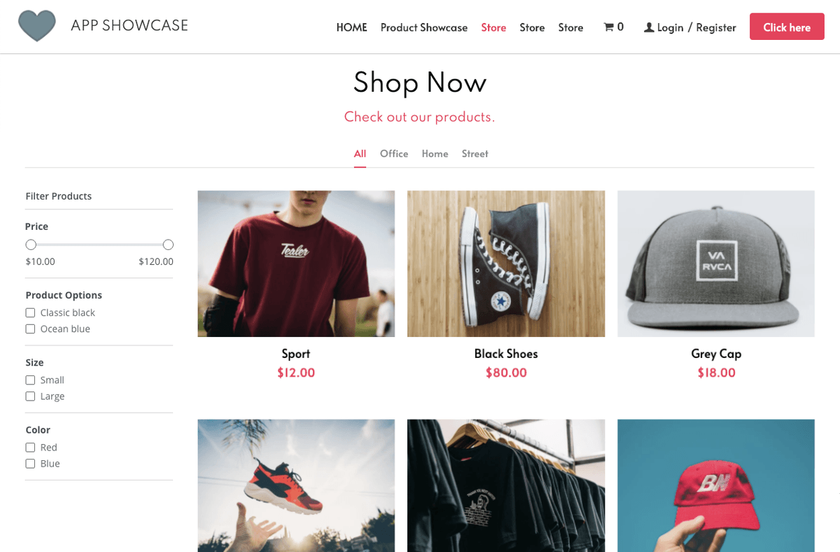 Strikingly Product Filter menu appearing on a live store section