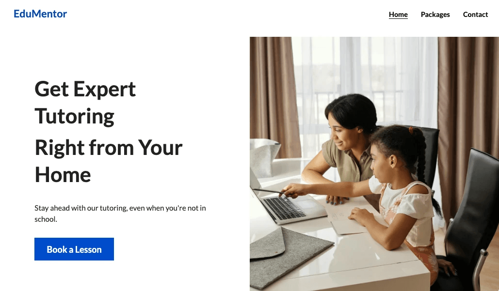 EduMentor landing page pairing a clear tutoring benefit with a Book a Lesson button