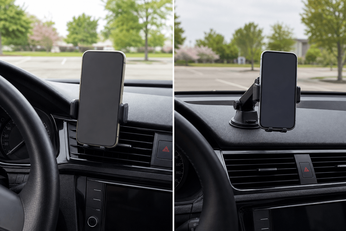 Vent mount and dashboard mount phone holder comparison in a parked car