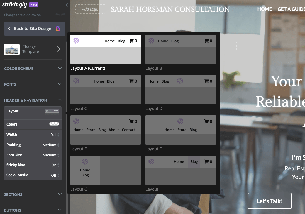  Strikingly navigation settings showing several header layouts and menu arrangements
