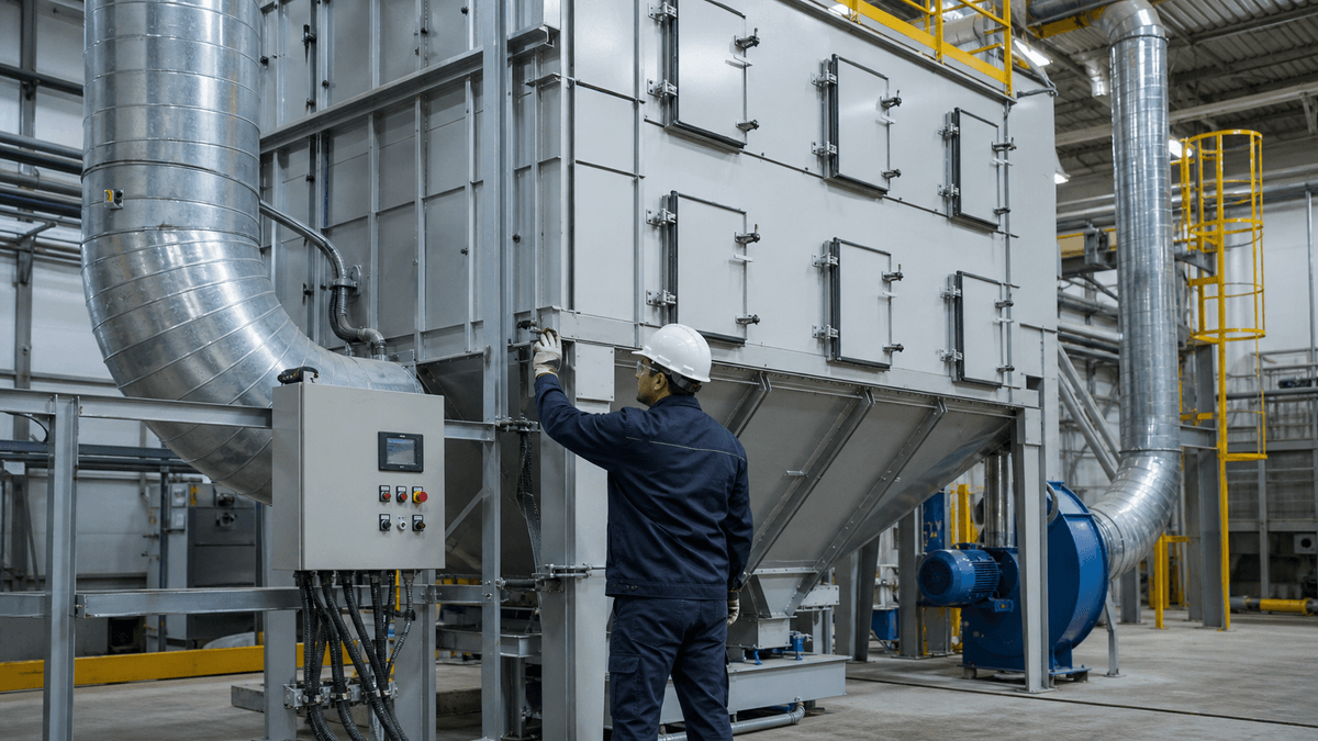 Maintenance technician reviewing baghouse filter access and cleaning system
