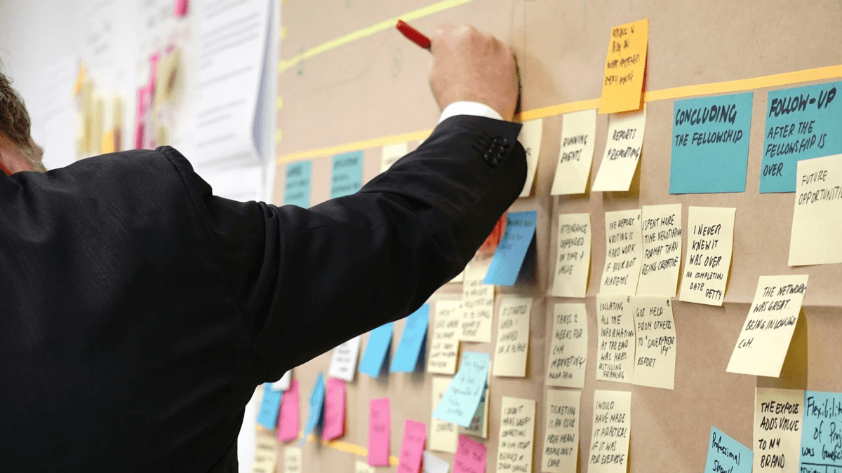 Colorful sticky notes arranged during a business positioning workshop