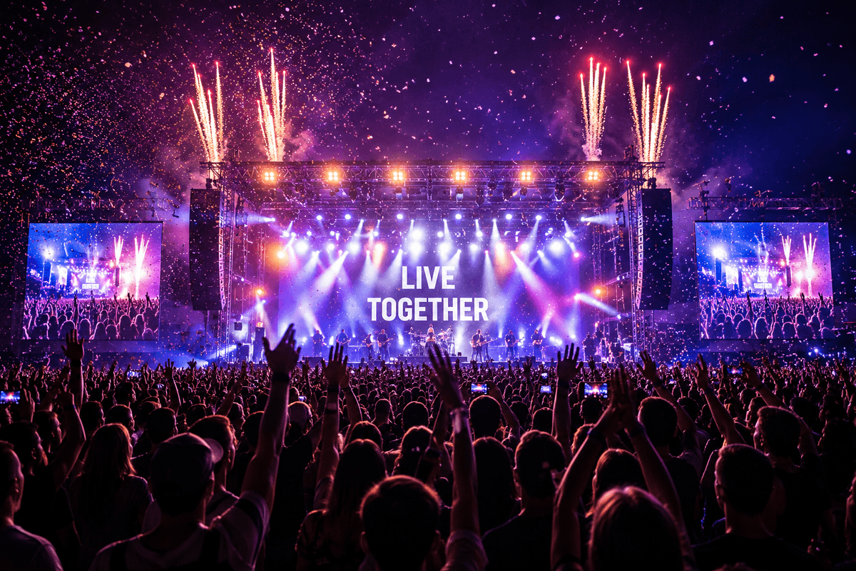 A large concert audience gathering around a shared live entertainment experience