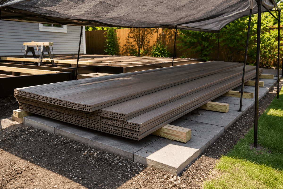  Composite decking boards stored correctly before installation