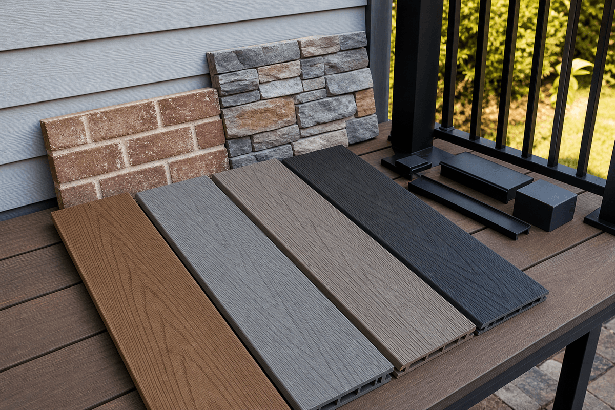 Composite decking color samples tested beside a home exterior