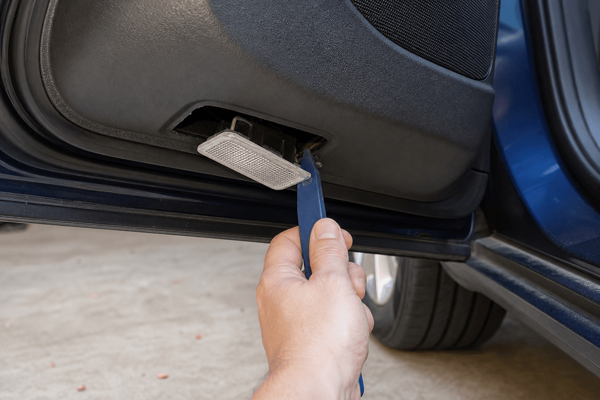 Removing a car door courtesy light with a plastic trim tool