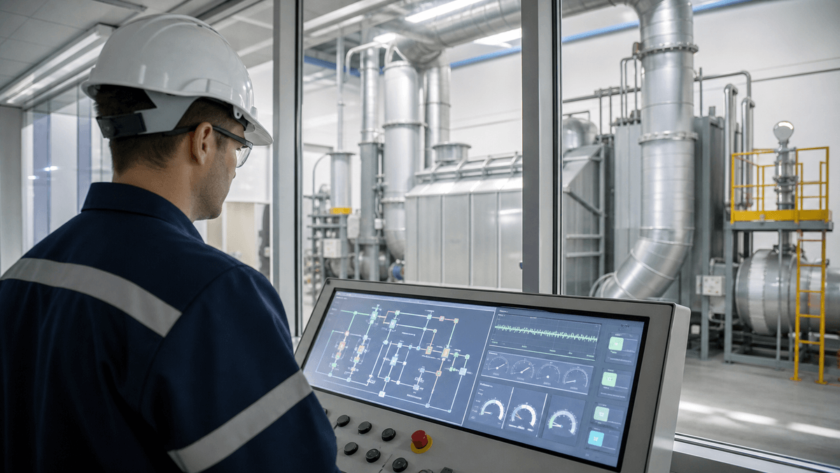 engineer reviewing industrial waste gas composition and treatment controls