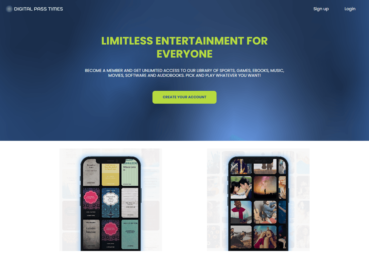 Digital Pass Times homepage introducing a membership across several entertainment categories.