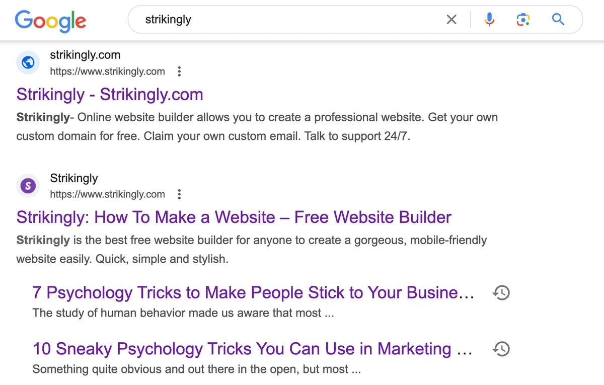 Google results demonstrating how page titles describe Strikingly pages