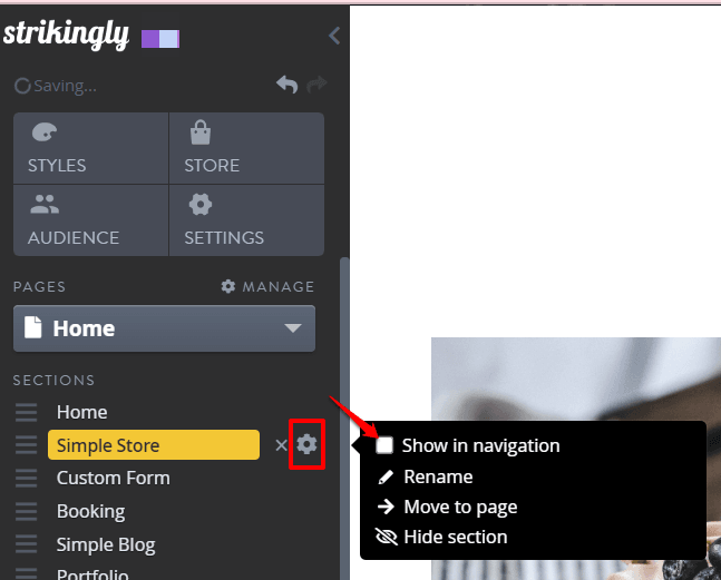 Strikingly section menu showing the control for including an important section in navigation