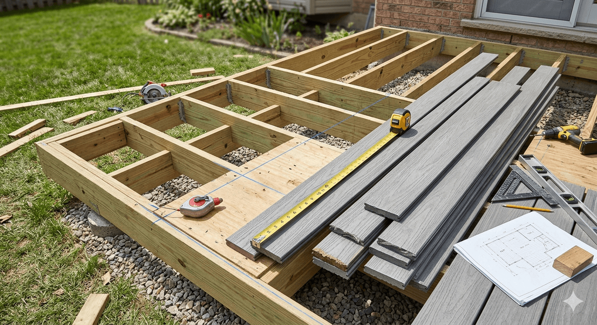 Composite deck framing plan with decking boards of different lengths laid out for seam control