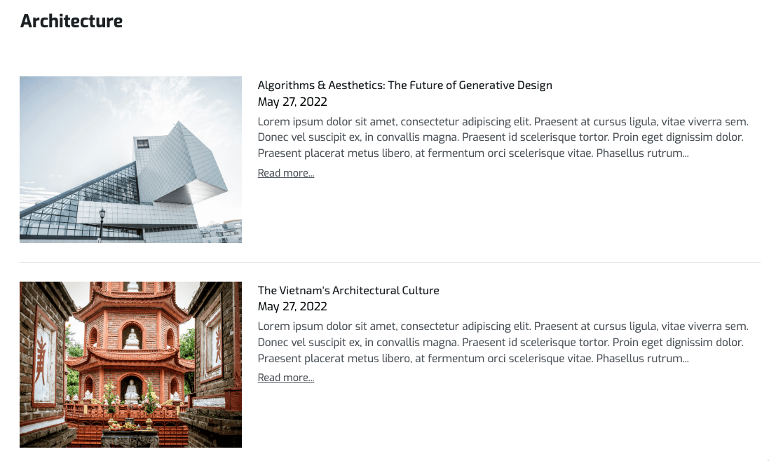 Design Corner blog layout showing educational articles with summaries and reading links