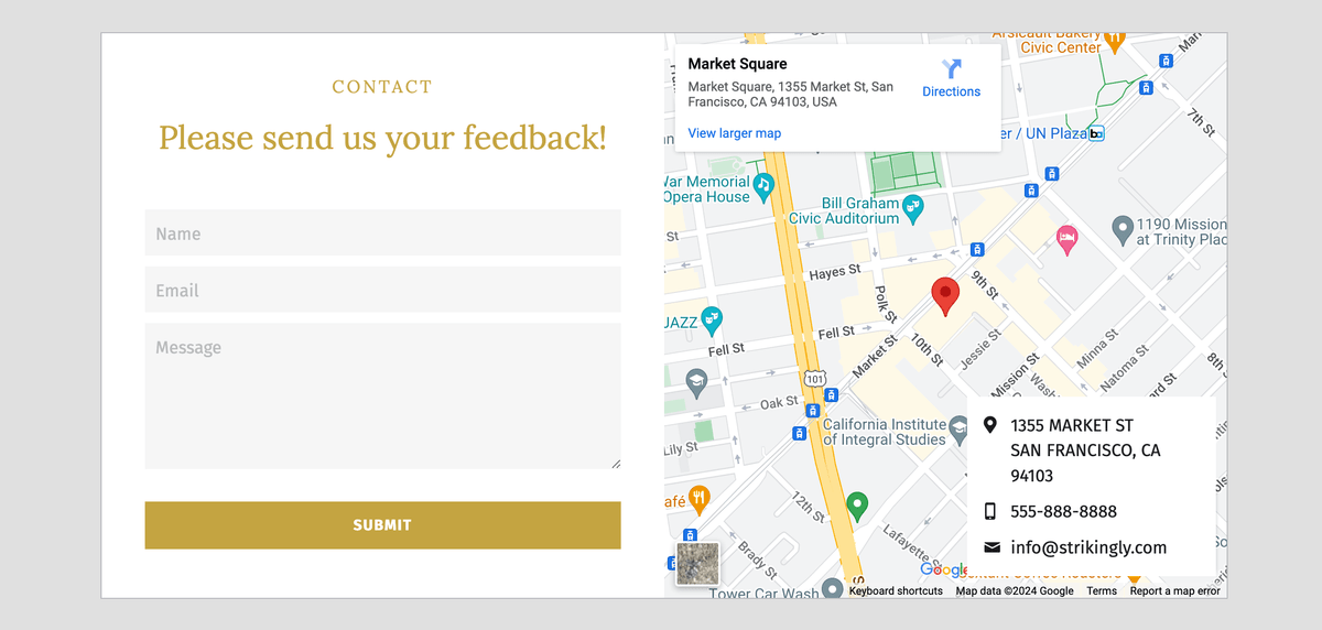 Dolce contact page template displaying accessible business contact options