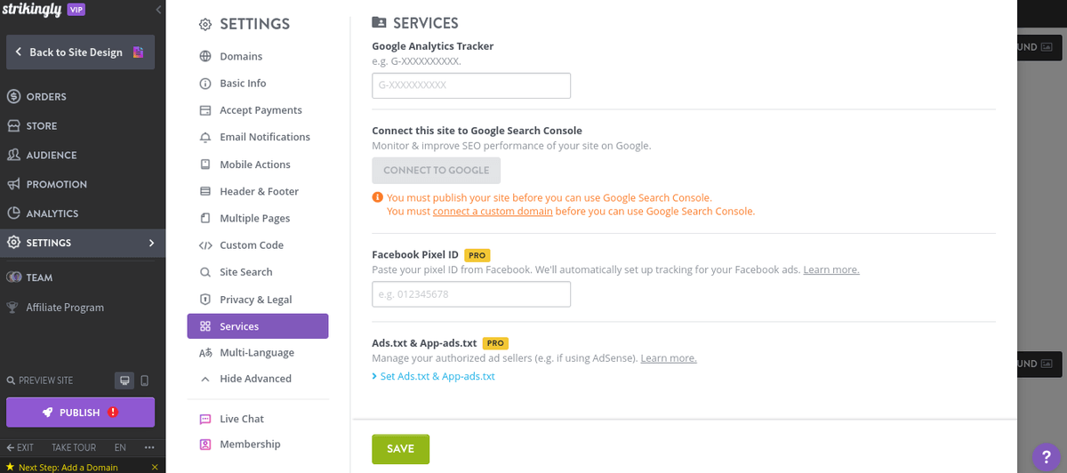 Strikingly Services settings with fields for Google Analytics and Facebook Pixel tracking