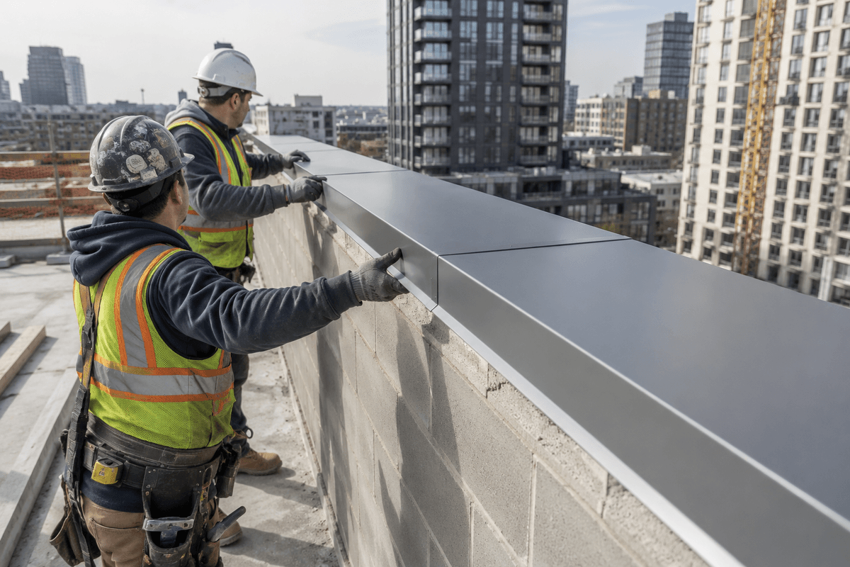 Architectural metal coping caps fitted on a parapet wall