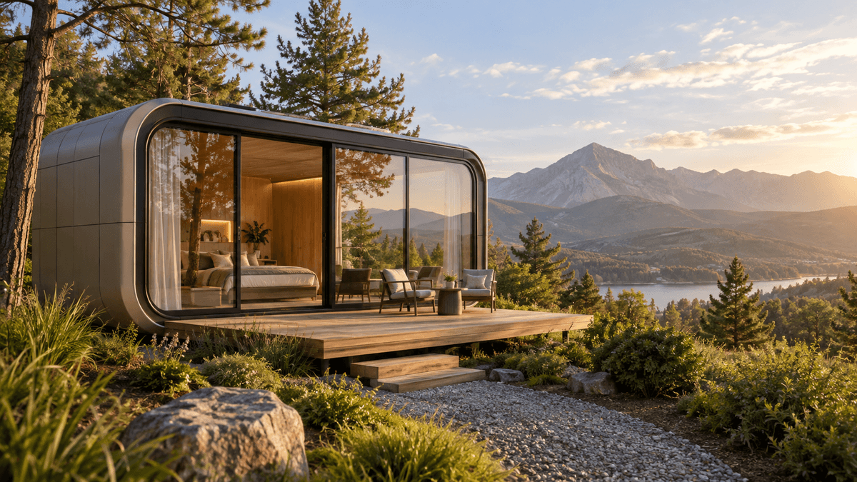 Casa cápsula con ventanas panorámicas en paisaje natural