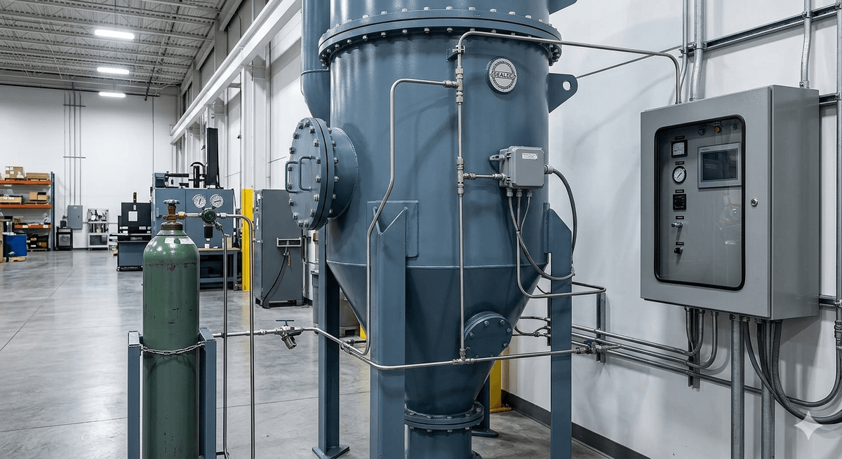 Dust collection system with hopper, ductwork, and filters in a hazard-sensitive process