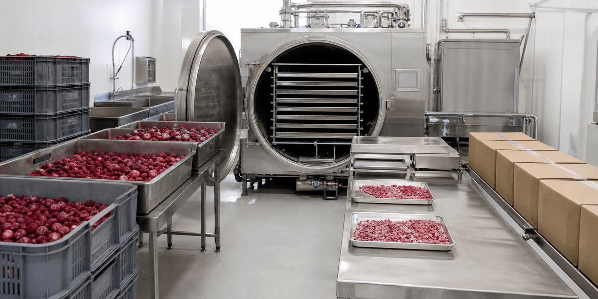  freeze-dried fruit order stages from raw fruit to released cartons